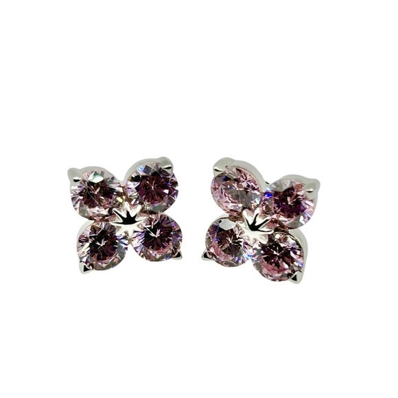 Elegant Pink Crystal Flower Stud Stirling Silver Earrings-New! - Picture 1 of 4